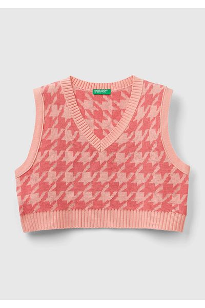United Colors of Benetton Pink Patterned V-neck Crop Sweater - Girl