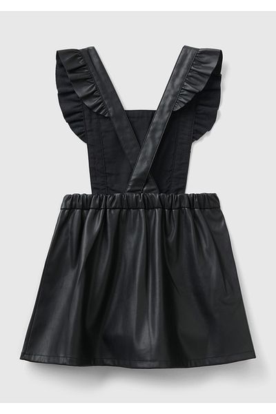 United Colors of Benetton Girl's Black Strap Frilly Faux Leather Salopet Dress