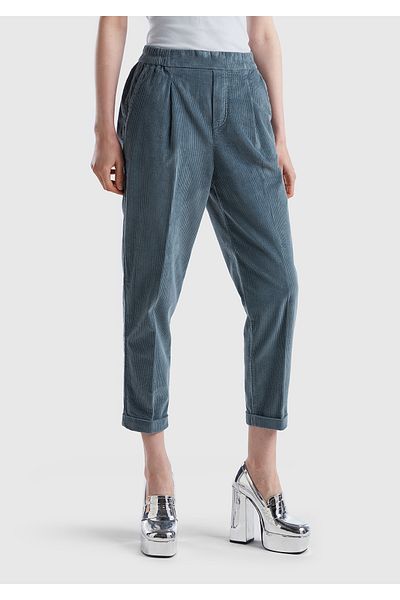 United Colors of Benetton Pantaloni de damă din catifea gri închis cu talie elastică