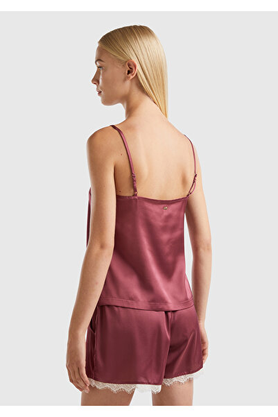 United Colors of Benetton Γυναικείο μπλουζάκι πιτζάμα μπορντό με γιακά με δαντέλα