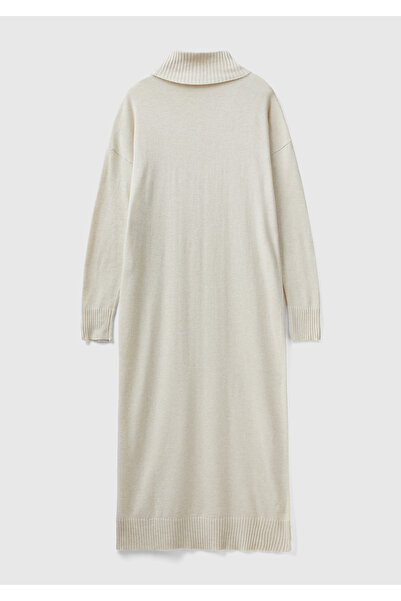 United Colors of Benetton Rochie de damă cu gât țesut bej din amestec de cașmir