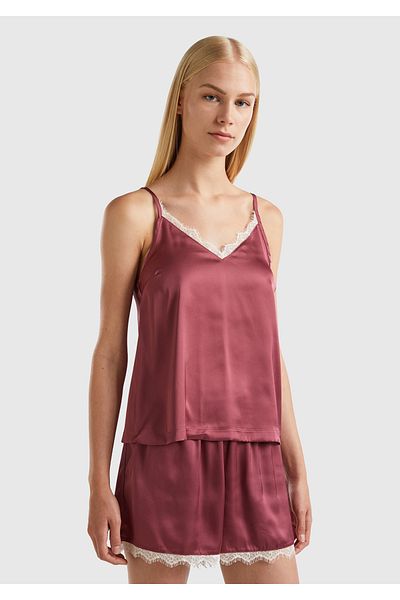 United Colors of Benetton Top de pijama de damă cu guler din dantelă bordeaux
