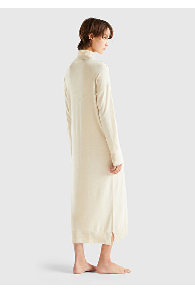 United Colors of Benetton Rochie de damă cu gât țesut bej din amestec de cașmir