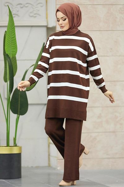 Neva Style Striped Dark Brown Hijab Knitwear Double Suit 3439Kkh