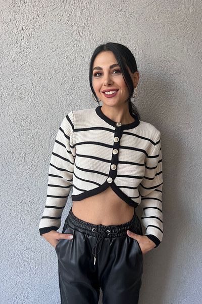 Seda Yalçın Atelier Ecru Buttoned Asymmetrical Striped Crop Cardigan