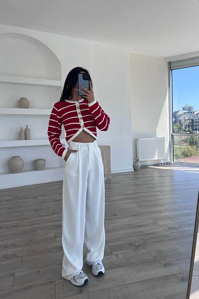 Seda Yalçın Atelier Cardigan crop cu dungi roșii cu croi asimetric