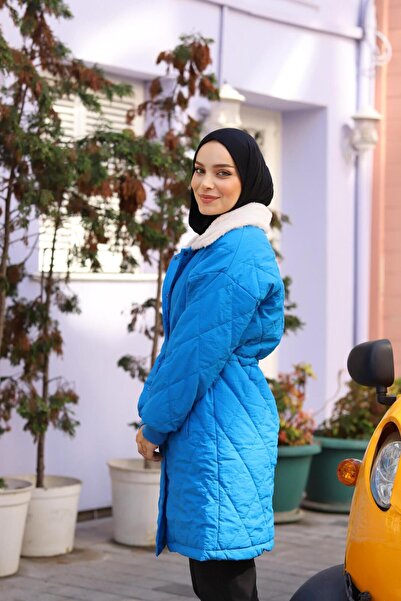 lurex moda Fur Collared Diamond Pattern Quilted Jacket with Waist Tie