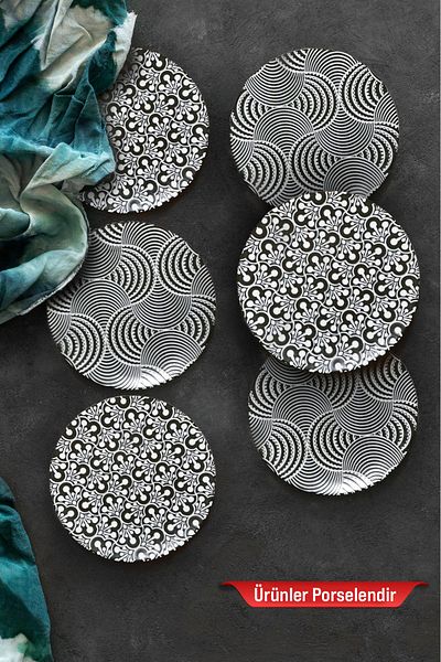Güral Porselen Arya Black 6-Piece Porcelain Serving and Presentation Plate Set