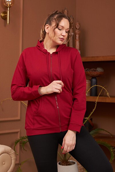 RMG Fermuar Detaylı Büyük Beden Bordo Eşofman Üst