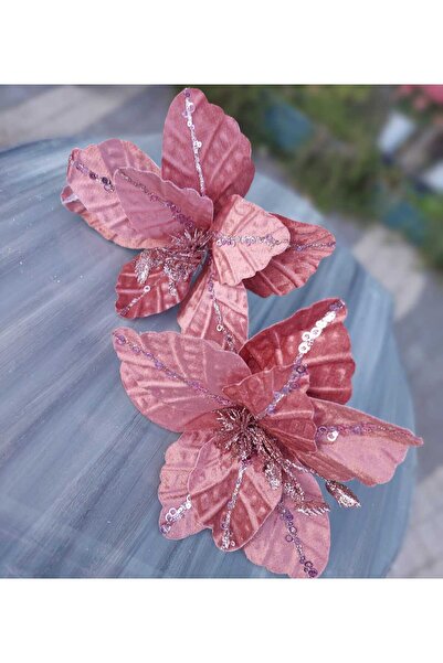 lolipophobi Kadife Pullu Pembe Yılbaşı Ağaç Çiçeği 2adet, Yapay Çiçek, Noel, ...