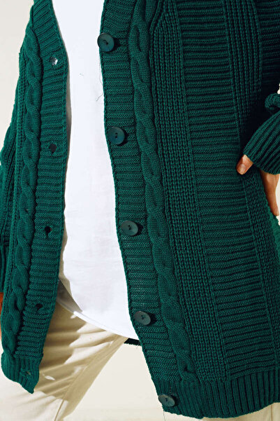 benguen 6999 Knitted Patterned Front Buttoned Cardigan Emerald Green