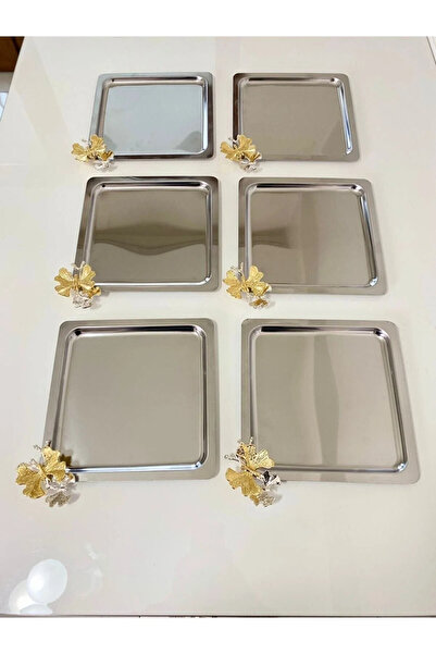 NEWTREND Züccaciye Lüx Kare Kelebek Aksesuarlı Paslanmaz Çelik 6’lı Gümüş Kahve, Çay, Dekoratif Sunum Servis Tepsisi