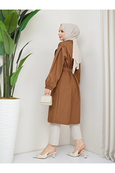 PARADICE Kadın Belden Bağlamalı Bonded Kumaş Balon Kol Taba Trençkot