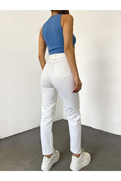 LİMABEL Ψηλόμεσο Λευκό Mom Jeans Ψηλόμεσο Λευκό Mom Jeans Παντελόνι 100% Φυσικό Βαμβάκι