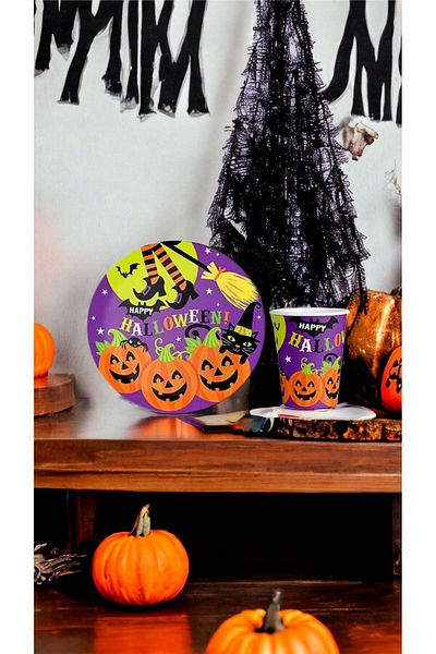 Happyland Happy Halloween Patterned Cardboard Plate Cup Set of 8 Halloween Party Plate Set