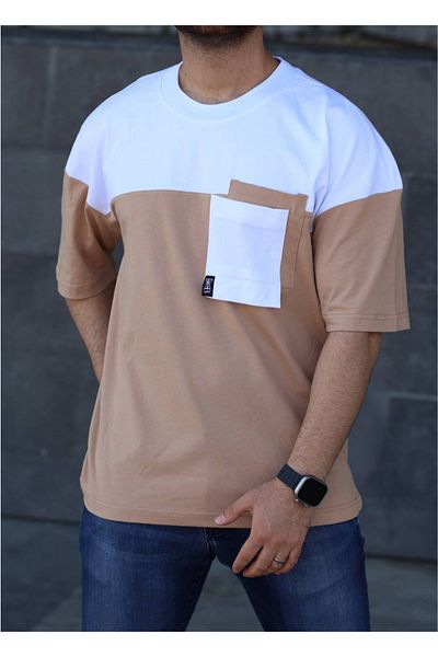 ixir Мъжка тениска Oversize с джоб, кафяво-бяла