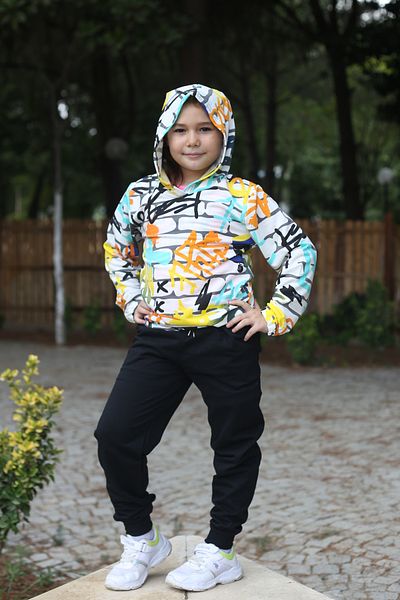 han collection Hooded patterned 2 thread fabric unisex children's tracksuit set 7-14 years old