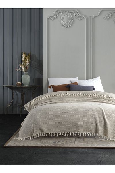 Lux Touch Azure Beige Μονό Βαμβακερό Κρεβάτι με Φούντες - 145x200 cm Κάλυμμα πολυθρόνας καναπέ
