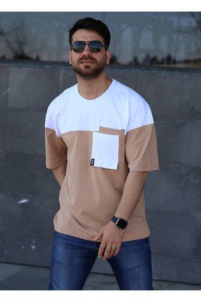 ixir Мъжка тениска Oversize с джоб, кафяво-бяла