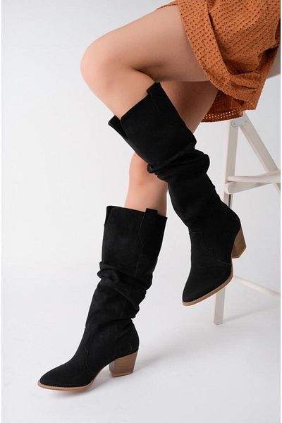 Pine Cone 401 Women's Canvas Thick Heeled Pull-On Boots Black
