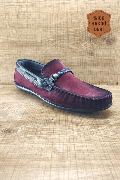 EMİN Orthopedic Genuine Leather Laceless Claret Red Casual Men's Shoes Tek0009