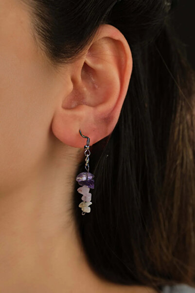 Chi Zen Doğal Taş Çelik Aşk ve Işık Küpesi Kırık Taşlı Garantili (Ametist, Pembe Kuvars, Ay Taşı)