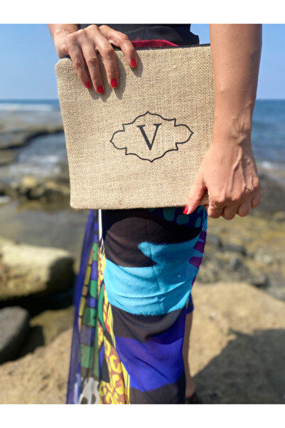 V Harfli Clutch Çanta - Jüt Kumaş