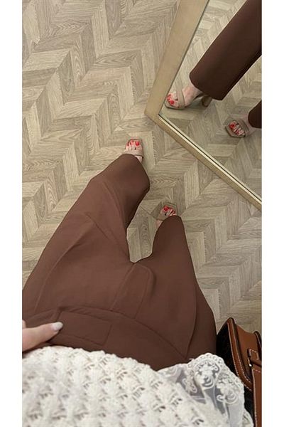 Laluvia Hnědé prémiové široké kalhoty se suchým zipem v pase