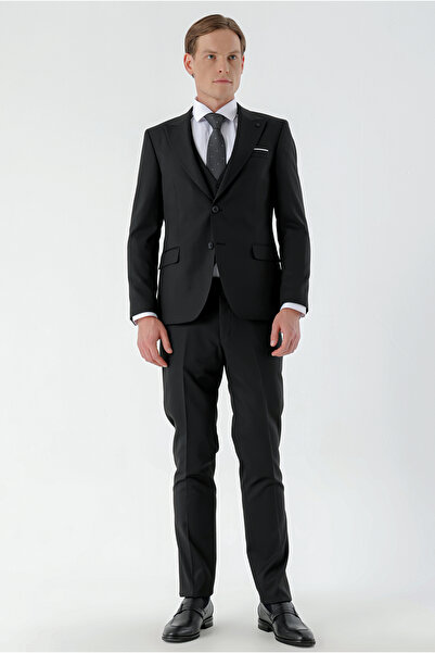 Morven بدلة رجالية من البوليستر الأسود بنمط جاكار بقصة ضيقة وياقة مدببة