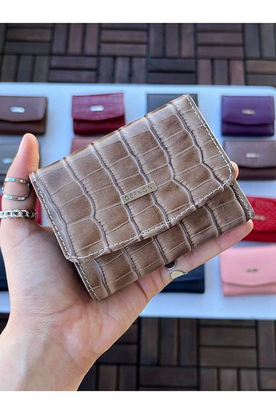 DERKON UFAK USED CASSY MODEL 100% GENUINE LEATHER Crocodile Patterned BEIGE WALLET
