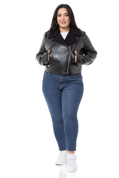 DISENTIS MODEST Large Size Fur Lined Double Breasted Zipper Detailed Leather Black Coat with Pockets