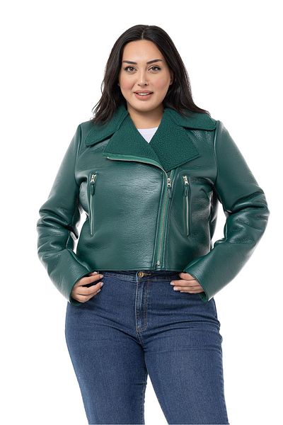 DISENTIS MODEST Plus Size Fur Lined Double Breasted Zipper Detailed Pocket Leather Emerald Coat
