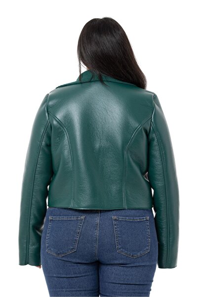DISENTIS MODEST Plus Size Fur Lined Double Breasted Zipper Detailed Pocket Leather Emerald Coat