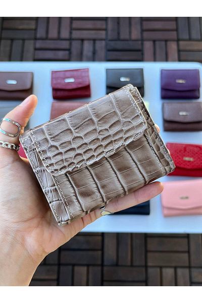 DERKON UFAK USED CASSY MODEL 100% GENUINE LEATHER Crocodile Patterned BEIGE WALLET