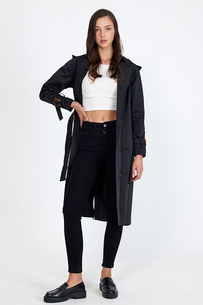 Sporting Women's Night Black Coated Lined Waterproof Belted Long Trench Coat