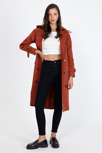 Sporting Women's Brick Red Coated Lined Waterproof Belted Long Trench Coat