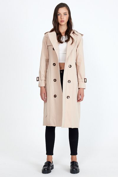 Sporting Women's Sand Beige Coated Lined Waterproof Belted Long Trench Coat