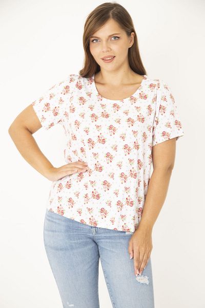 Şans Women's Large Size Bone Cotton Fabric Crew Neck Patterned Blouse 65N36922