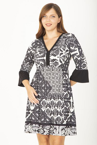 Şans Women's Large Size Black V-neck Flounce Sleeve Dress 65N36917