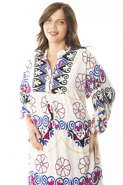 Şans Women's Large Size Saks Woven Viscose Fabric Front Half Buttoned Long Sleeve Dress 65N36886