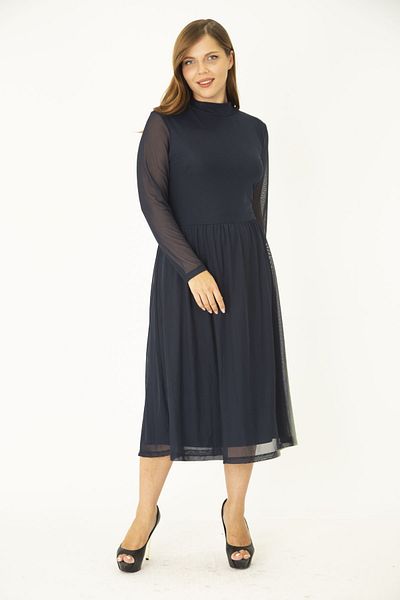 Şans Women's Large Size Navy Blue Waist Gathered Lined Tulle Dress 65N36911