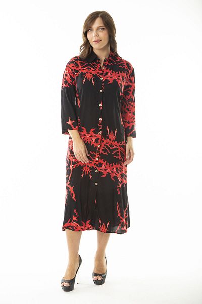 Şans Women's Large Size Red Woven Viscose Fabric Front Buttoned Long Sleeve Dress 65N36887