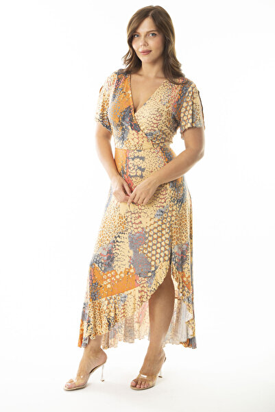 Şans Women's Large Size Colorful Wrap Collar Dress with Flounce Detail on the Skirt 65N36898