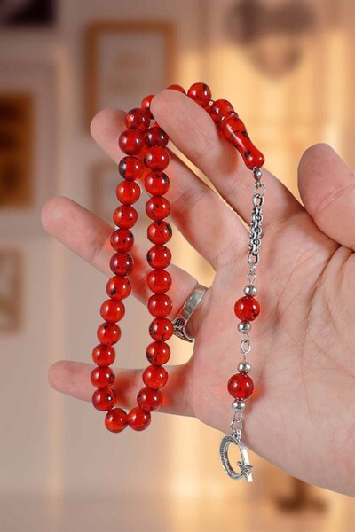 izmirpazarı Globe Grain Tea Fossil Red Color Single Branch Tasseled Powder Amber Prayer Beads
