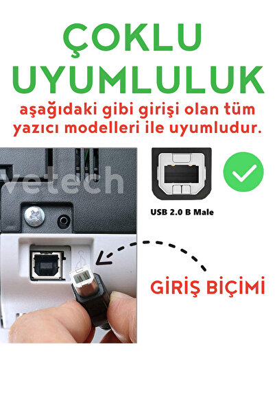 Vetech 1.5mt Yazıcı Kablosu Printer Ara Kablo Çoklu Model Uyumluluk