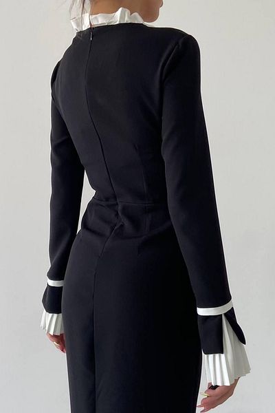 lovebox Cotton Atlas Fabric Button Detail Collar and Pleat Detail Long Sleeve Midi Length Black Evening Dress 169