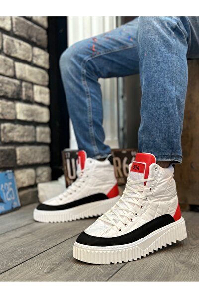 BOA White Parachute Fabric - Red Leather Detailed High Sole Men's Shoes