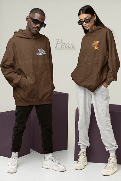Pear Wear Tom Jerry Printed Unisex 3 Thread Raised Lover Suit Oversize φούτερ με κουκούλα