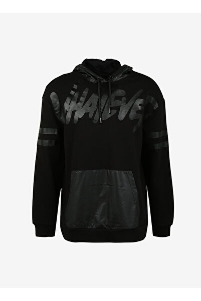 Black On Black Kapüşon Yaka Baskılı Siyah Erkek Eşofman Üstü B3WM-SWT75