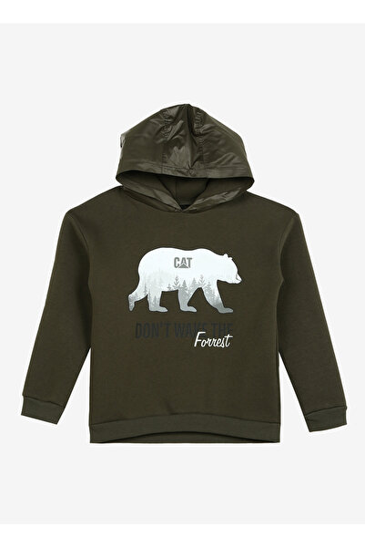 Caterpillar Haki Erkek Çocuk Kapüşonlu Düşük Omuz Baskılı Sweatshirt C3WB-SWT03